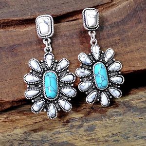 Brincos colar moda branco água gotas turquesa longa gota para mulheres étnica natural azul pedra flor dangle brinco boho jóias