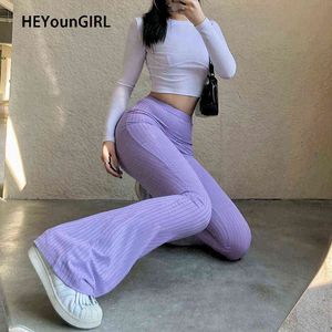 Heyoungirl Sıska Elastik Flare Pantolon Kadın Rahat Yüksek Bel Uzun Pantolon Ulaşır Mor Nervürlü Sweatpants Yaz Streetwear Y211115