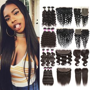32 34 Human Virgin Hair Straight Body Deep Water Natural Wave Kinky Jery Curly Bundles With Lace Closure Frontal Transperant Pre Plucked Brazilian Remy Weave Weft