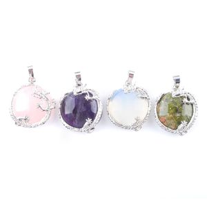 WOJIAER Dragon Around Flat Round Bead Dangle Pendants Energy Jewelry Natural Stone Amethyst Quartz White Opal BN313