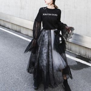 Röcke Hohe Taille Schwarz Weiß Spitze Nähte Tüll Gothic Faltenrock Vintage Damen Halbkörper Midi Blase 2021 Frühling Sommer