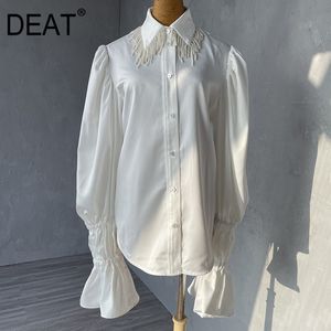 Women White Beading Folds Manual Blouse Turtleneck Long Flare Sleeve Slim Fit Shirt Fashion Tide Summer 7D0798 210421