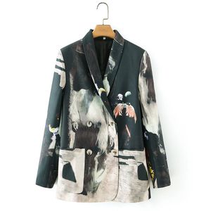 Dubbelbröst tryck Långärmad temperament Kvinnors Blazer Coat Spring Autumn Fashion V-hals 210510