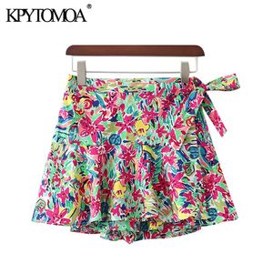Kvinnor Chic Fashion Floral Print Bow Tie Shorts Kjolar Vintage Elastisk Midja Sida Zipper Kvinna Kort Byxor Pantaloner 210416