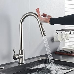 Automatische Sensorarmaturen berühren induktive Küchenhahn Edelstahl Wassereinsparung Induktiver Wasserhahnmischer Batterie