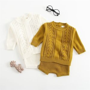 Spring Autumn Infant Baby Boys Girls Knit Long Sleeve Hollow-out Sweater + Shorts Pants Clothing Sets Kids Boy Girl Suit Clothes 210521