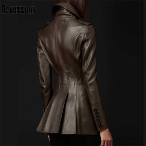 Nerazzurri British Style Leather Trench Coat for Women Long Sleeve Lapel Womens Fashion Slim Fit Soft Faux Leather Blazer 210909