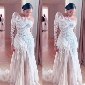 Designer Mermaid Wedding Dresses Bridal Gown Lace Appliqued Custom Made Plus Size One Shoulder Long Sleeves Tulle Sweep Train vestido de novia