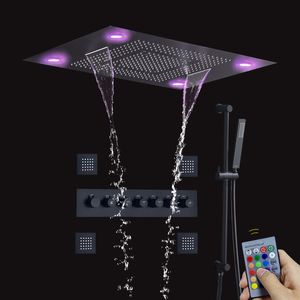 Matte Black Shower System Set LED Thermostatic Bathroom Waterfall Rainfall With Handheld Massage