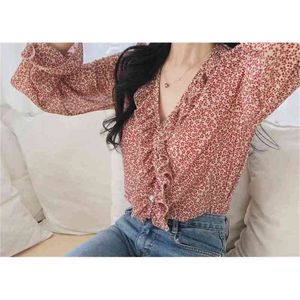 Plus Size Red Meninas de Manga Longa Camisa de Verão Floral V Pescoço Ruffled Camisas Mulheres Tops e Blusas Imprimir Chiffon Blouse Mulheres 210423