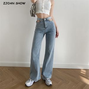 Vår 90s Vintage Hollow Out High Waist Jeans Kvinnor Mamma Denim Byxor Loose Street Casual Wide Long Long Trousers 210429