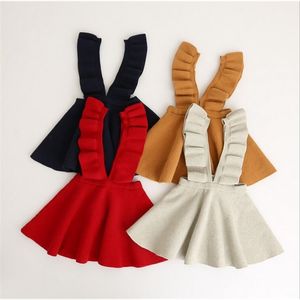 4 colors baby girl ruffles straps jump dress children knitted swearter A-line wholesale fall soft feel clothes 210529