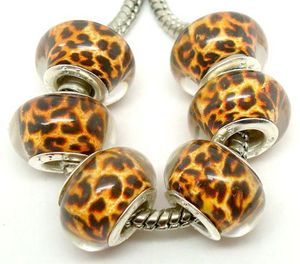 100pcs/lot Fashion Round Leopard Silver Core Big Hole Resin Charms For Jewelry Making Loose DIY Beads fit European Bracelet/Necklace