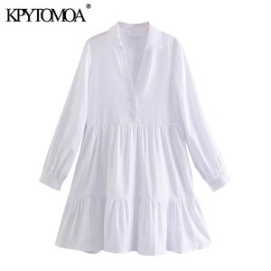 Kvinnor Chic Fashion Ruffled Hem Vit Mini Klänning Vintage Långärmad Button-Up Kvinna Klänningar Vestidos Mujer 210416