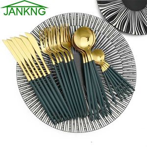 24 Sztuk Zestaw obiadowy Ze Stali Nierdzewnej Kitchen Green Gold Cutlery Zestaw Nóż Widelec Spoon Flatware Naczynia Minimalistyczne Srebra 211112