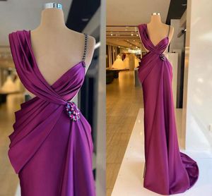 2021 Designer Purple Evening Dresses Satin Pärled Crystals Ruched veck Spaghetti Rem Custom Made Prom Gown Formal Party OCN Wear Vestidos 403 403