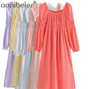 Thin Style Summer Checked Dress Fashion Shirred Puff Sleeve Slit Side High Waist Casual Women Plaid Midi Female 210604
