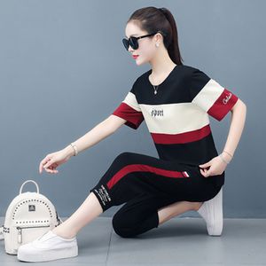 Abbigliamento sportivo Nuova moda estiva da donna Puro cotone Riduzione dell'età Stile occidentale Abbigliamento casual Pantaloni a 7 punti di grandi dimensioni Set da 2 pezzi X0428