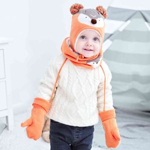 Bebê crianças chapéu lenço luvas 3 pcs conjunto crianças inverno desenhos animados fox chapéus para meninas meninos cute orelha aquecedor lã hairball kbh134