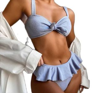 Şirin Mavi Mayolar toptan satış-2021 Yaz Kadın Mavi Sevimli Fırfır Plaj Bikini Set Mayo Kadın V Boyun Iki Parçalı Mayo Seksi Katı Beachwear Mayo Kadınlar