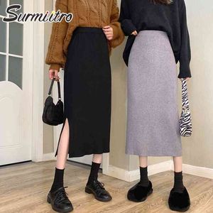 SURMIITRO Moda Autunno Inverno Midi Gonna lunga lavorata a maglia Donna Stile coreano Rosa Nero con spacco Gonna a tubino a vita alta Donna 210712