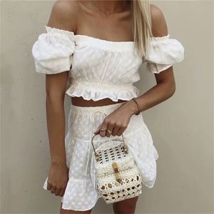 Vintage margherita ricamo bianco abito di pizzo estate donna casual vacanza al mare abiti da sole 2 pezzi set 210427