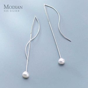 Long Line Pearl Dangle Earring for Women Genuine 925 Sterling Silver Geometric Wave Drop Original Fine Jewelry 210707