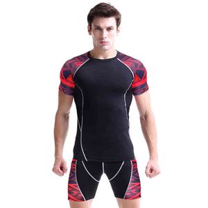 MMA圧縮スポーツスーツの男性スポーツウェアトラックスーツ半袖TシャツランニングショーツジョギングセットフィットネススーツY1221