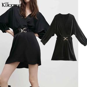 Klkxmyt Za Dress Women Chic Fashion With Belt Mini Vintage Long Sleeve V Neck Female es Vestidos Mujer 210527