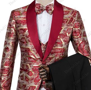 Новый мужчина мода красный золотой жаккардовый привлекательный высококачественный вечеринка Blazer + брюки + жилет костюмы мужской повседневный тонкий костюм пальто пиджака x0909