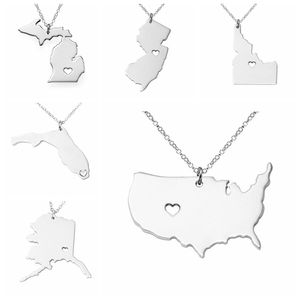 Colar com Pingente de Mapa do Estado dos EUA com Amor Coração Aço Inoxidável Cor Estados Americanos Geografia Contorno Pendente Colares Jóias