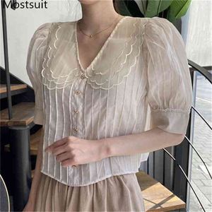 Summer Organza Korean Fashion Short Blouses Shirts Women Puff Sleeve V-neck Single-breasted Tops Blusas Femme Black Apricot 210513