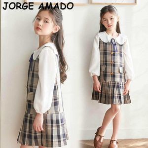 Abito da ragazza adolescente Abito autunno camicetta di chiffon bianco + gilet scozzese Set di abbigliamento per ragazze Abbigliamento per bambini 4-12T E3533 210610