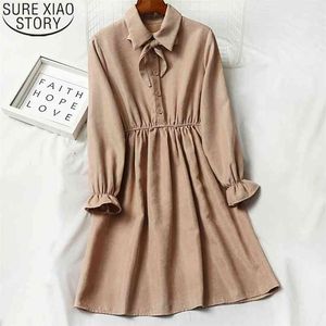 Fashion Bow Dress Vintage Corduroy Women Button Pullover es Autumn and Winter Polo Collar Female Vestidos 12005 210506