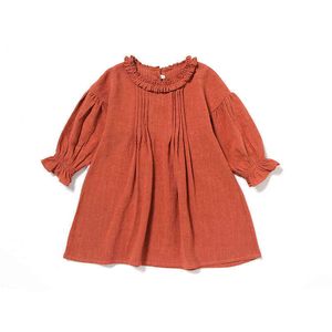 Spring Toddler Kids Baby Girl Dress Pastoral Style Ruffles Långärmad Solid Bomull Linen Party Casual Dress Barnkläder G1215