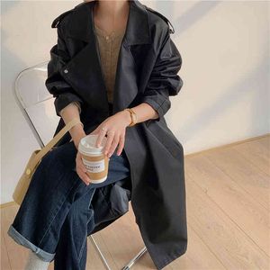 Minimalista Moda Dupla-Breasted Khaki Long Trench Coat OL Outwear Sólido Frock Mulheres Windbreaker 210421