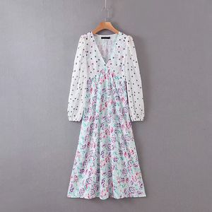 Şık Tatlı V Yaka Polka Dot Çiçek Baskı Patchwork Şifon Elbise Moda Kadın V Yaka Uzun Elbiseler Sevimli Kızlar Casual Dış Giyim 210520