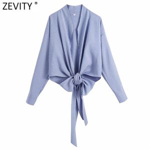 Kobiety Cross V Neck Paski Print Zawijany Krótki Szczupła Bluzka Kobieta Hem Bow Mite Kimono Koszula Roupas Chic Topy LS9113 210416