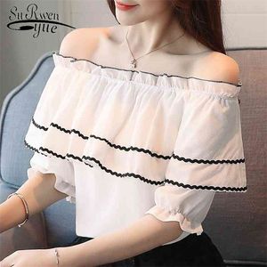 été femmes blouses Sexy slash cou épaules dénudées haut en mousseline de soie blanche blouse camisas mujer s hauts et 4078 50 210521