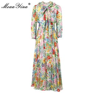 패션 디자이너 여름 쉬폰 휴가 여성의 나비 넥타이 랜턴 슬리브 느슨한 꽃 인쇄 긴 휴가 드레스 Vestidos 210524