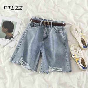 Women Straight Leg Loose Jeans Shorts Summer High Waisted Knee Length Hole Blue Pants Woman Button Fly 210525