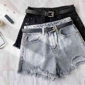 Ailegogo Summer Women High Waist Hole Blå Denim Shorts Casual Kvinna Solid Färg Frayed Black Jeans med Bälte 210714