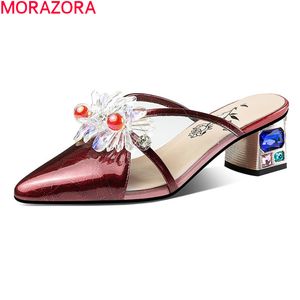 MORAZORA Plus Size 34-43 Women Slippers Genuine Leather Ladies Mules Shoes Square Heels Pointed Toe Classic Pary Shoes 210506