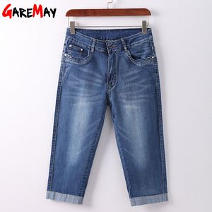 Kvinnors sommar jeans plus storlek stretch knä längd hög midja denim shorts capri för kvinnor 210428