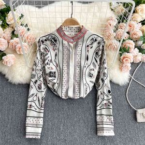 Европейский американский стиль ретро мода блузка женская маленькая стойка воротник печать свободно большого размера blusa все-спитная рубашка gk363 210506