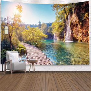 Aggcual bela paisagem natural tapeçaria parede pendurado madeiras impressas pano de parede parede parede decoração de casa mural tapete de praia tap122 210609