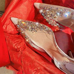 Сандалии прозрачные высокие каблуки игольчатые женские туфли свадебный алмазный наконечник новинка лето 220121