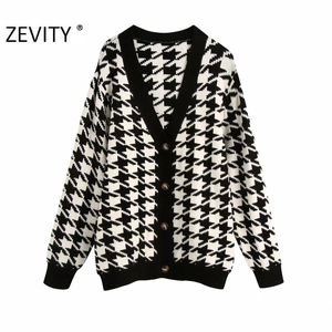 ZEVITY women fashion v neck houndstooth cardigan knitting sweater ladies long sleeve breasted retro sweaters chic tops S409 210419