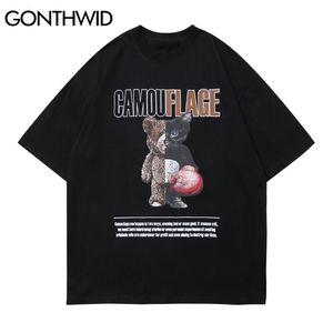 T-shirt Streetwear Camuflagem Urso Boxe camisetas Hip Hop Harajuku Casual Tshirts Homens Verão Forma Curta Manga Tops 210602