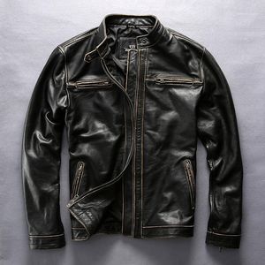 Męska skóra faux vintage autentyczna z kieszeniami Koreański styl stojak kołnierz Slim Fit Cow Coat Men Motorcycle Jacket Male